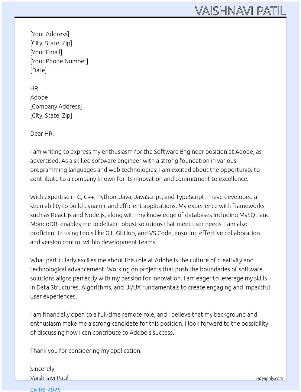 Software Engineer At adobe Cover Letter