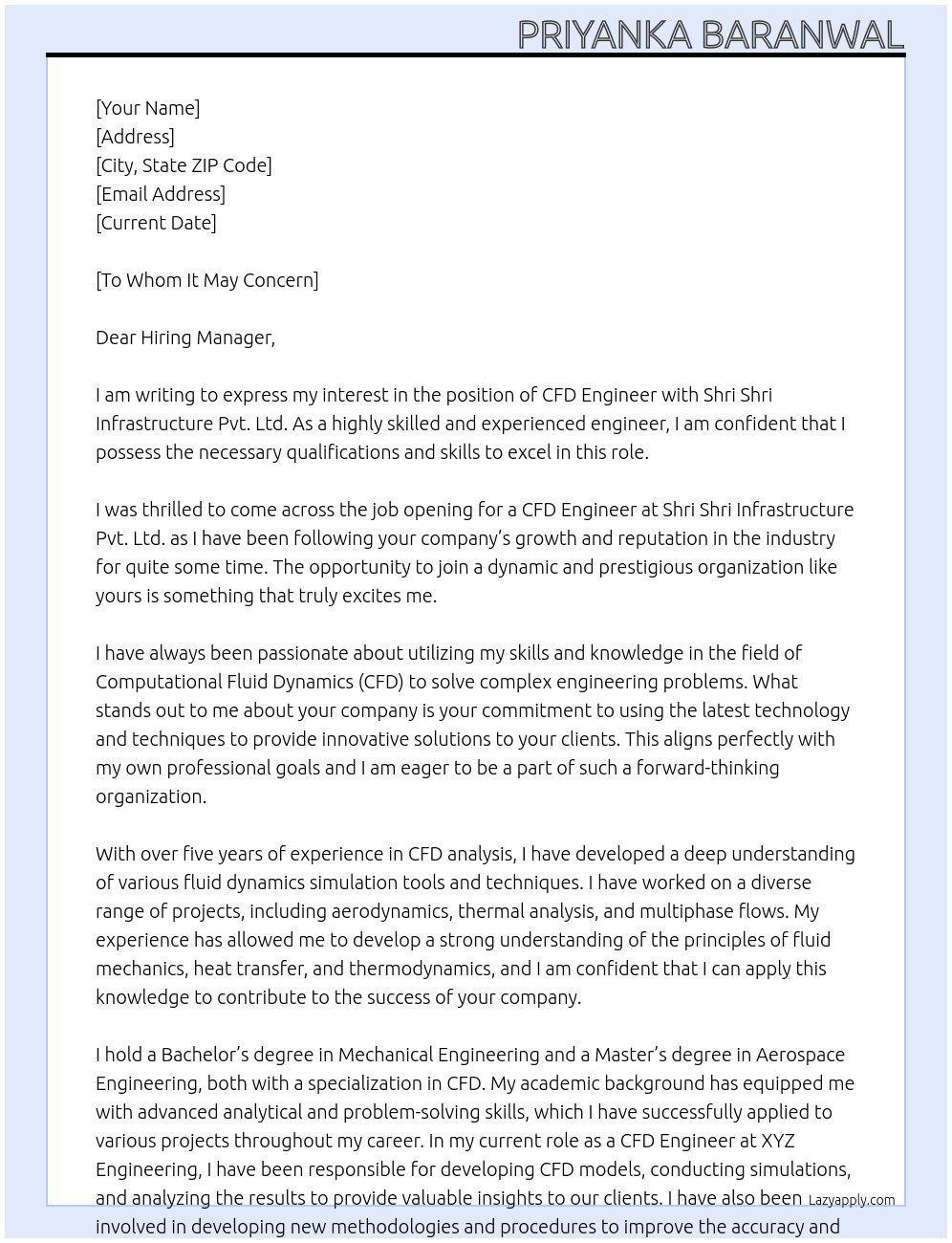 CFD Engineer At Shri Shri Infrastructure Pvt. Ltd. Cover Letter