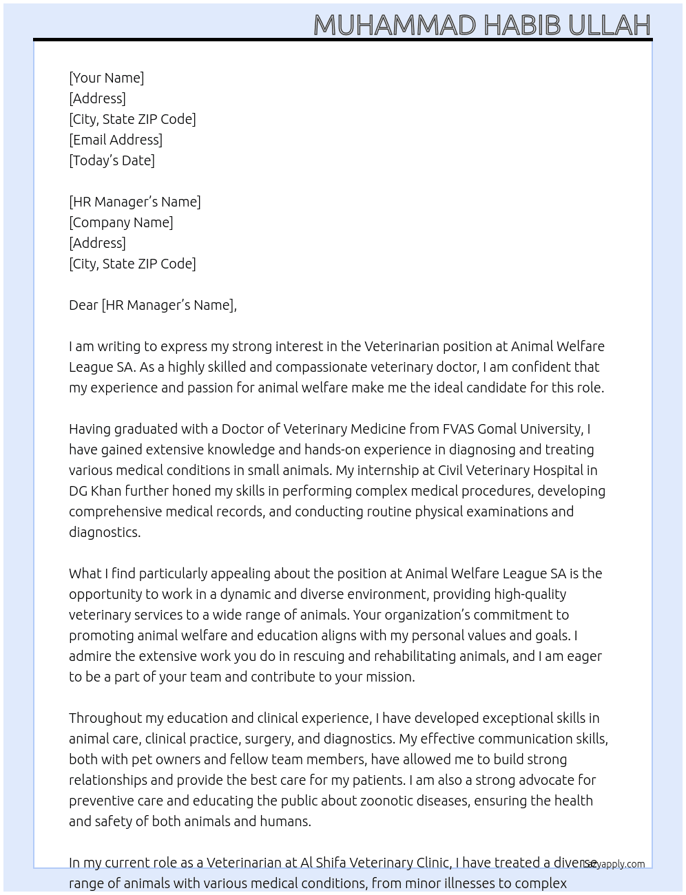 Veterinarian At Animal Welfare League SA Cover Letter