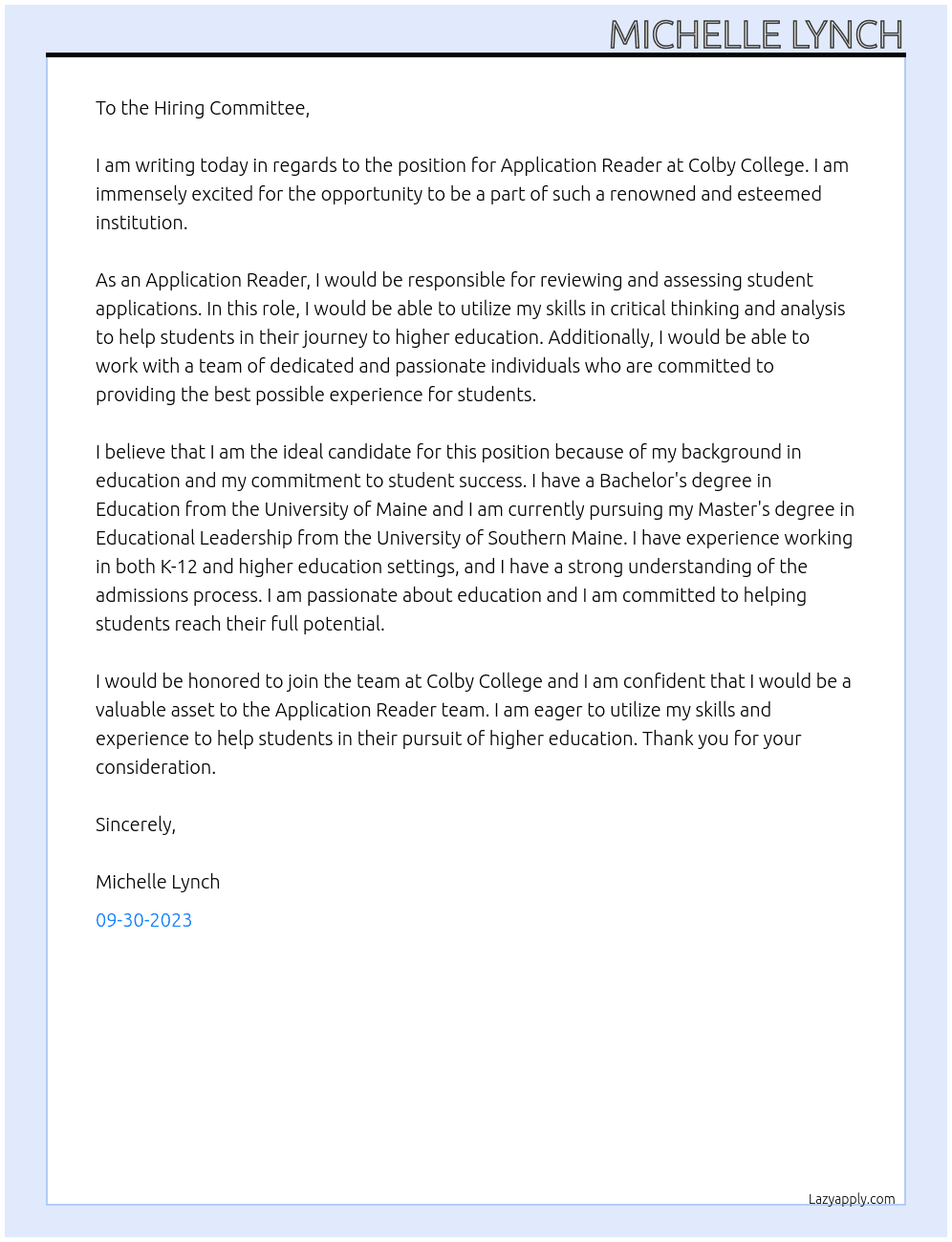 Application Reader At Colby College Cover Letter