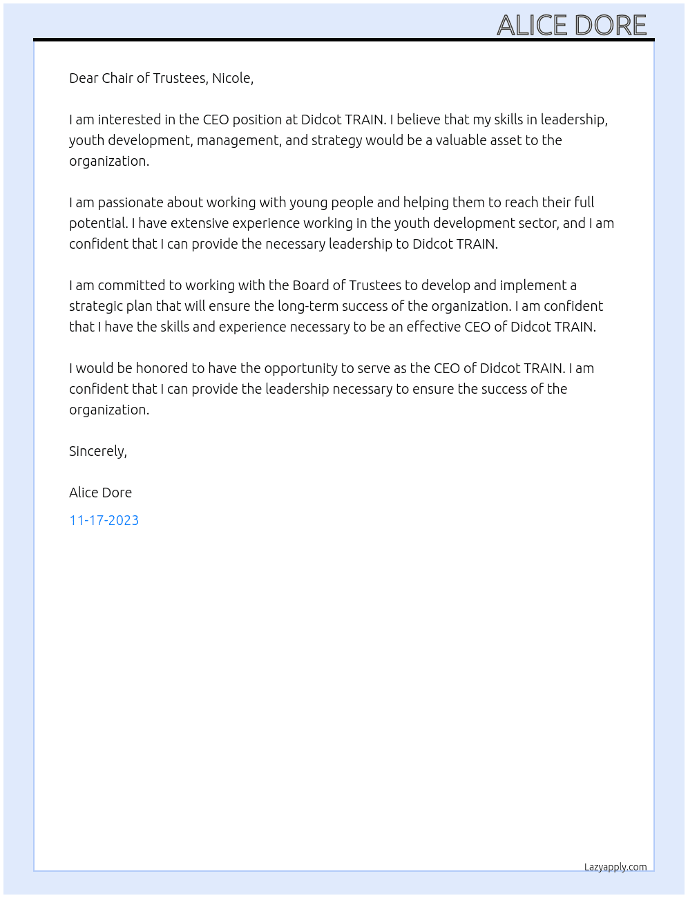 CEO At Didcot TRAIN Cover Letter