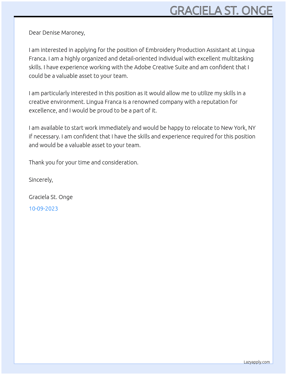 Embroidery Production Assistant At Lingua Franca Cover Letter