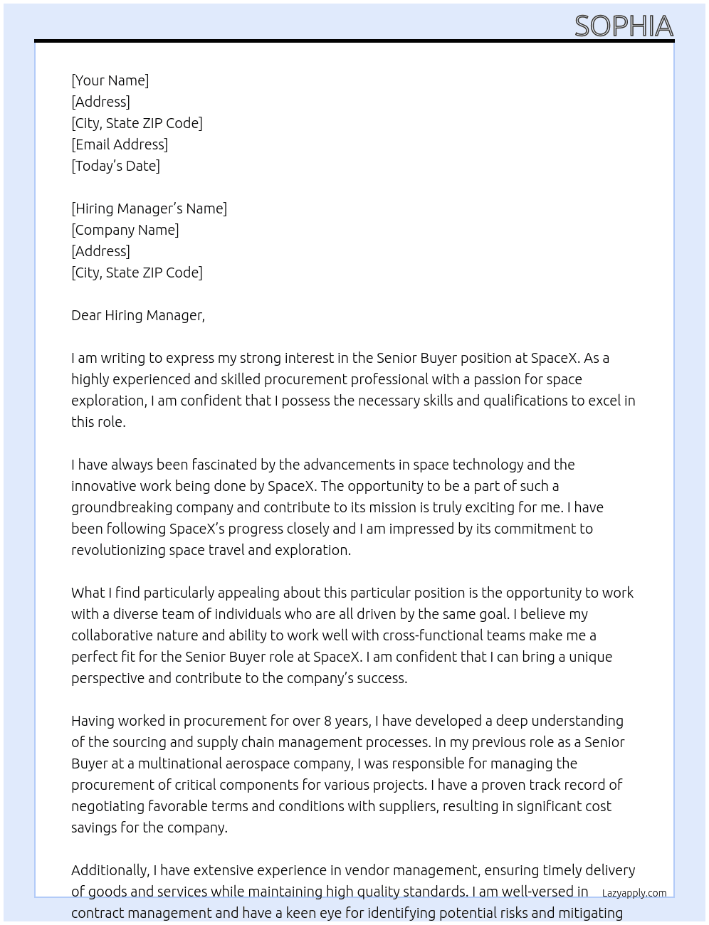 Senior Buyer At SpaceX Cover Letter