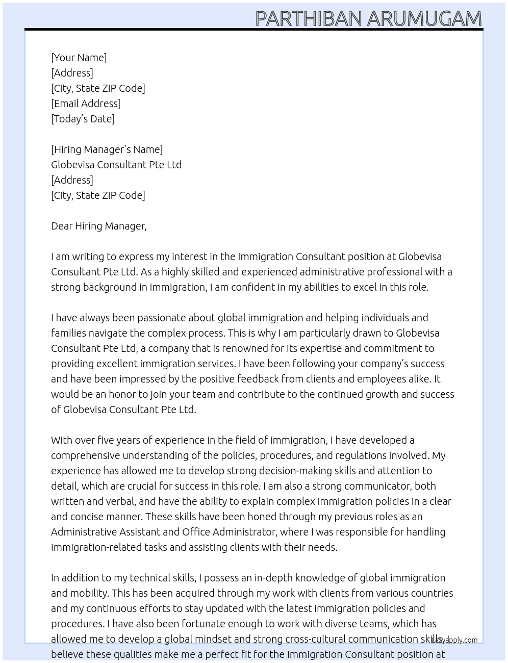 Immigration Consultant At Globevisa Consultant Pte Ltd Cover Letter