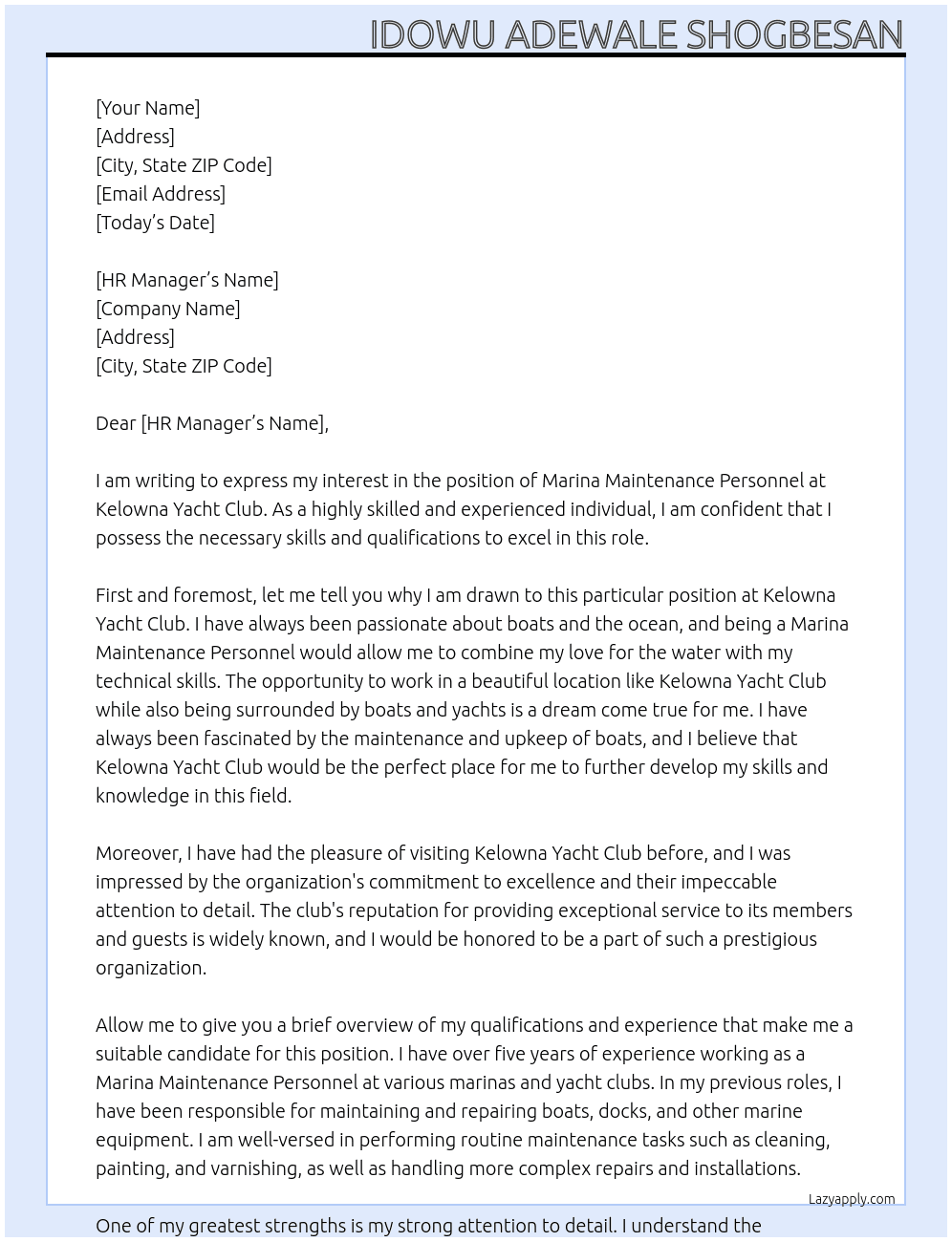 Marina Maintenance Personnel At Kelowna Yacht Club Cover Letter