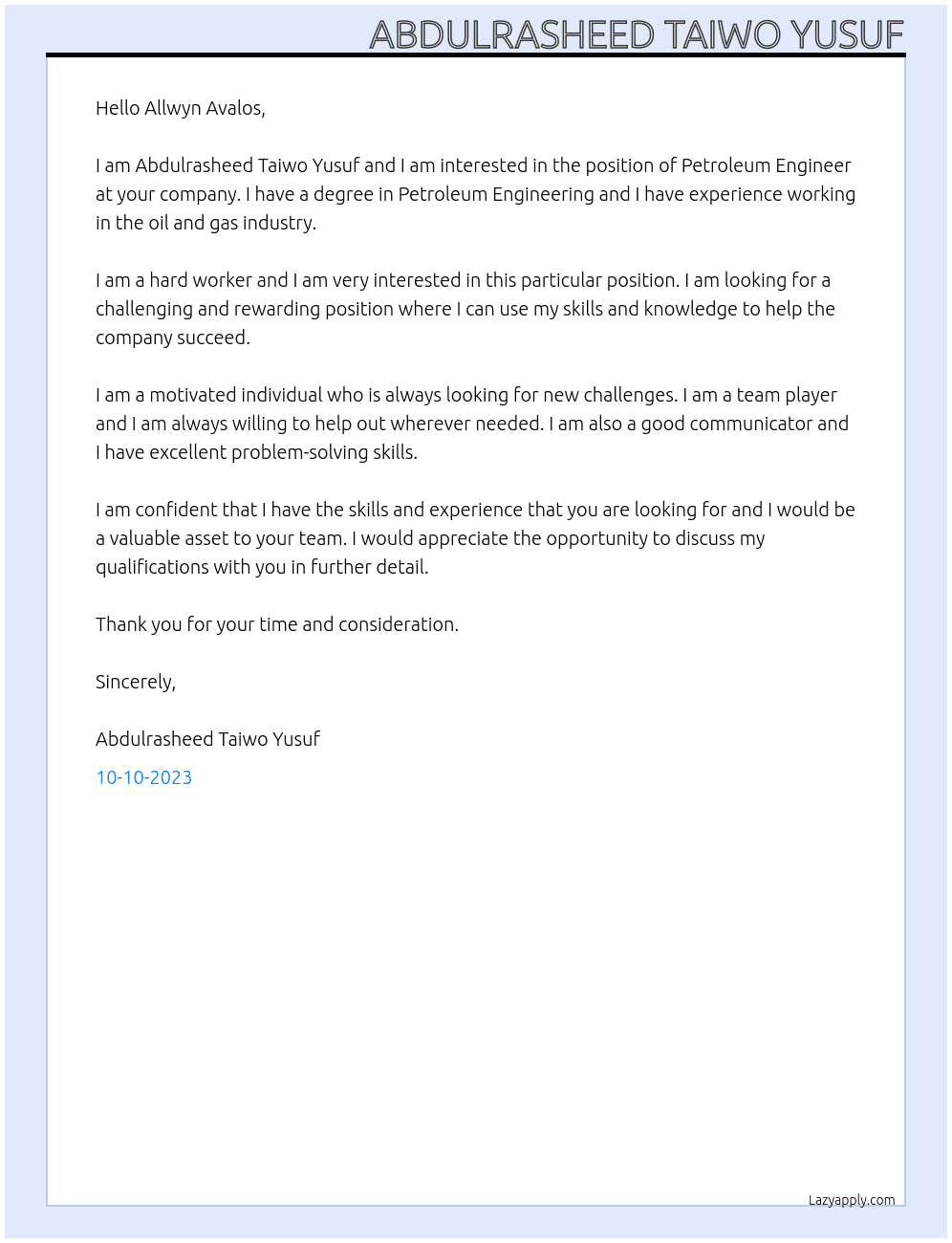 Petroleum Engineer At Subsea Engineer Cover Letter