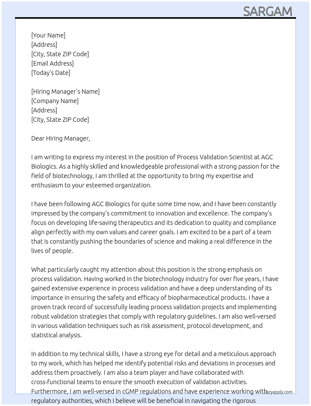 Process validation scientist  At AGC Biologics  Cover Letter