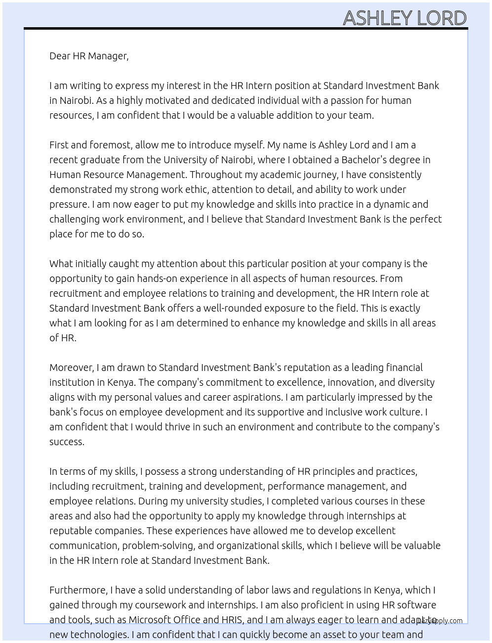 HR Intern At Standard Investment Bank Cover Letter