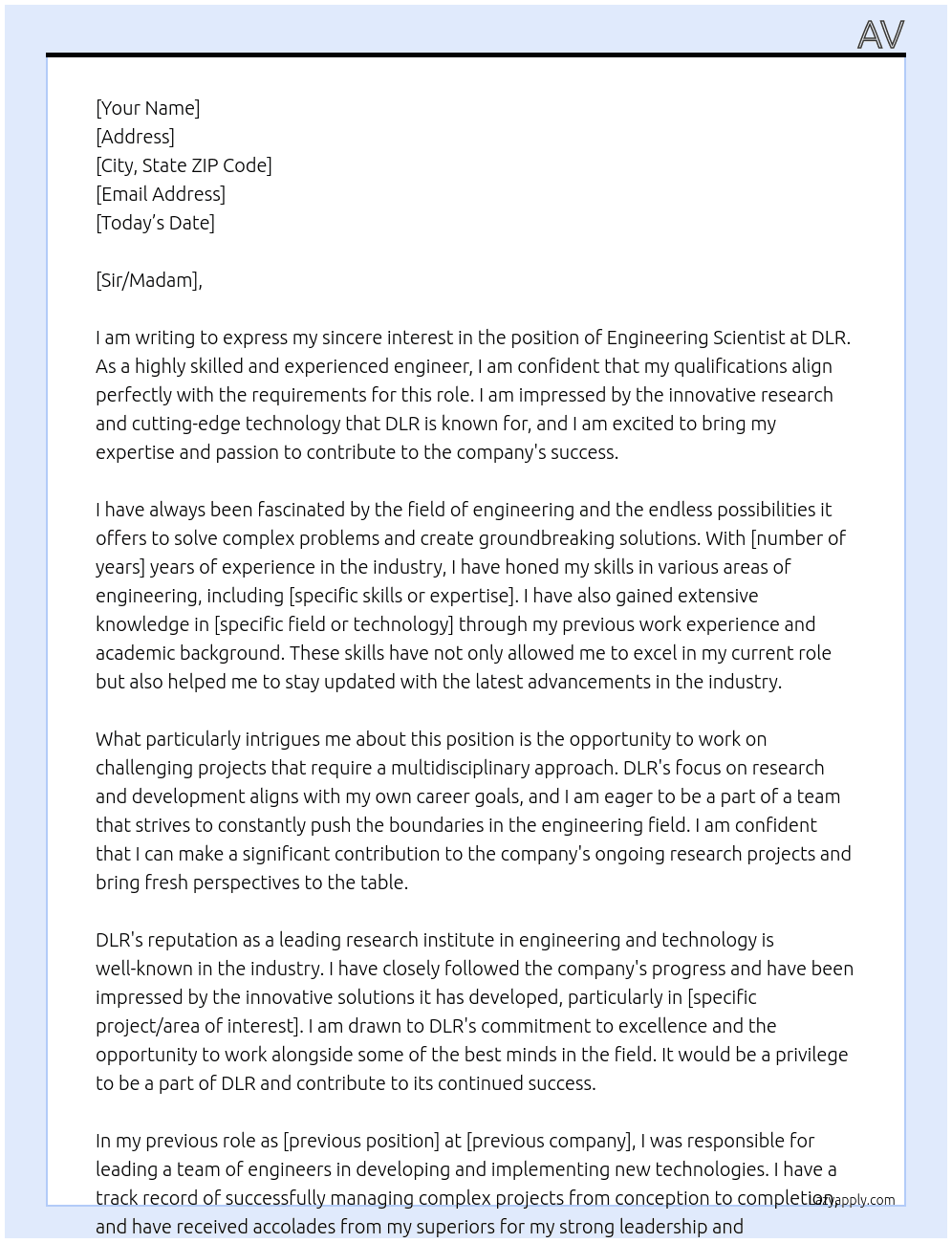 Engineering scientist At DLR Cover Letter