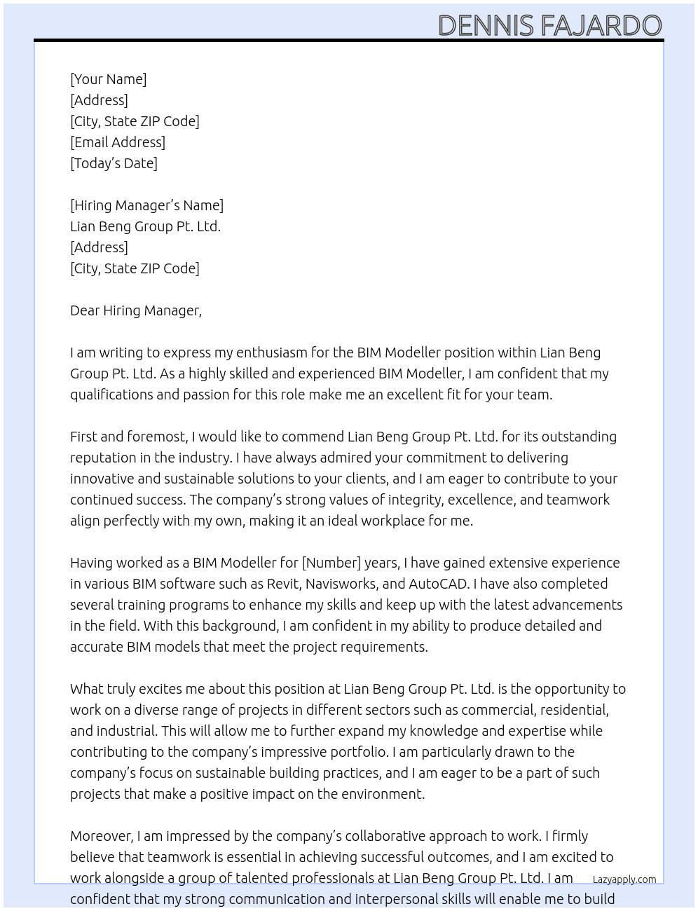 BIM modeller At Lian Beng Group Pt. Ltd. Cover Letter