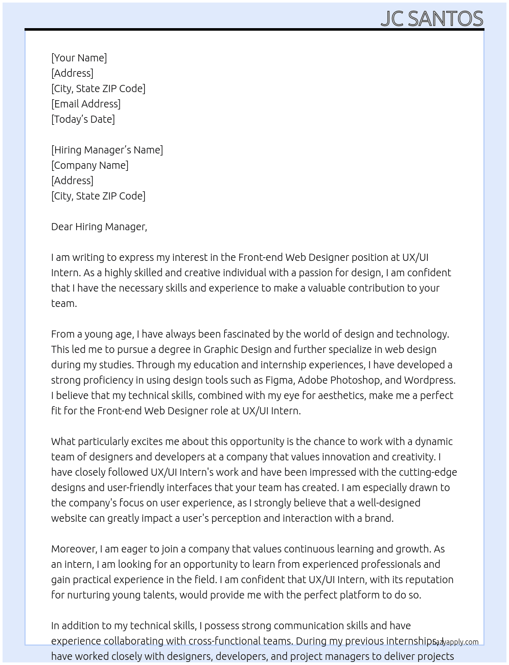 Front-end web designer At UX/UI Intern Cover Letter