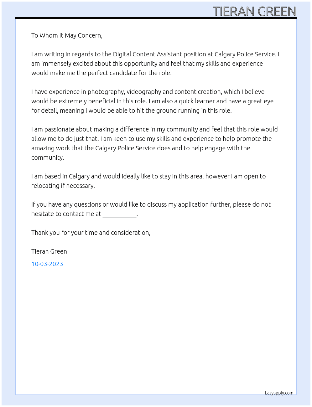 Digital Content Assistant At Calgary Police Service Cover Letter