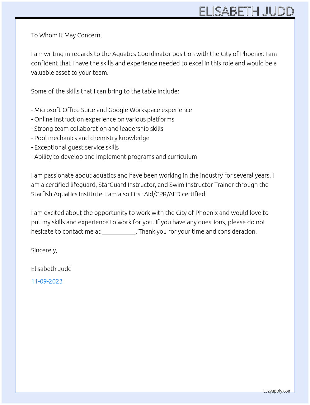Aquatics Coordinator At City of Phoenix Cover Letter