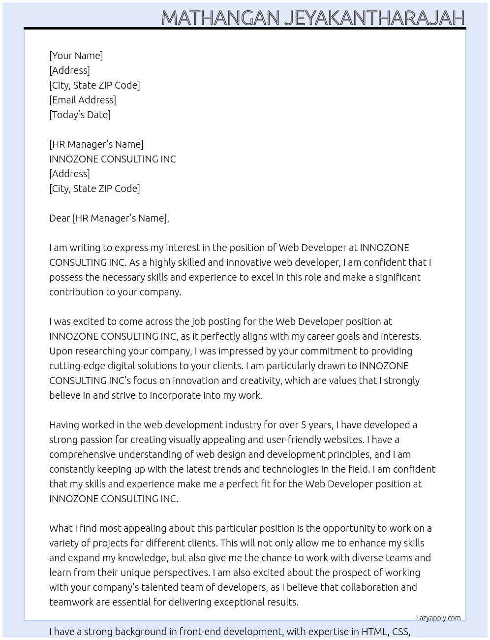 web developer At INNOZONE CONSULTING INC Cover Letter