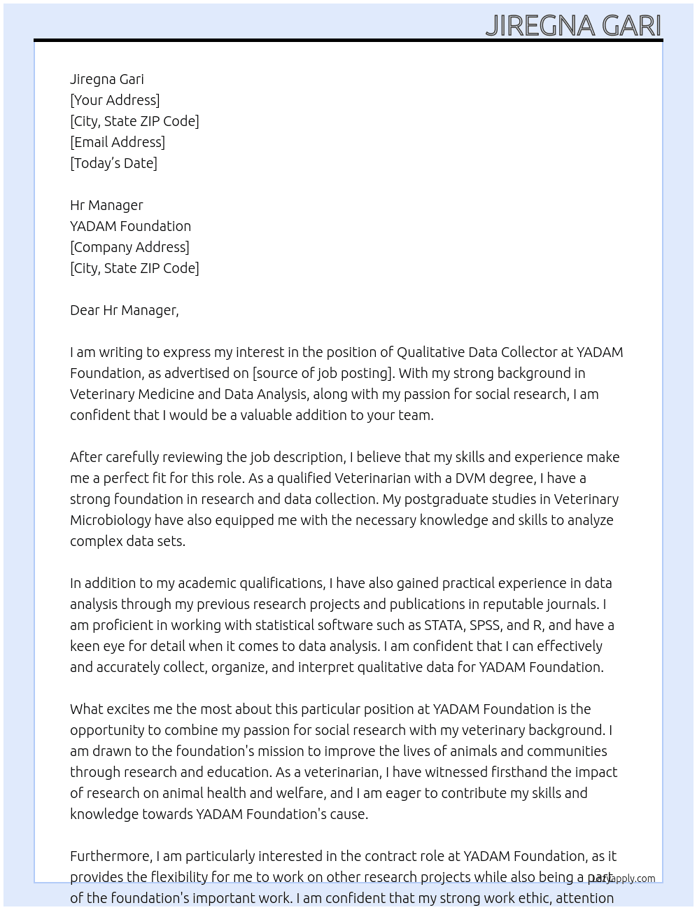 Qualitative Data Collectors At YADAM foundation  Cover Letter