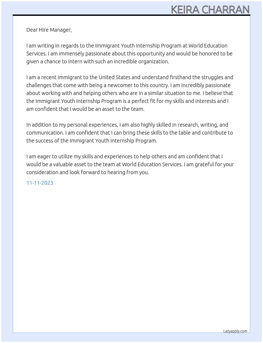 Immigrant Youth Internship Program At World Education Services  Cover Letter