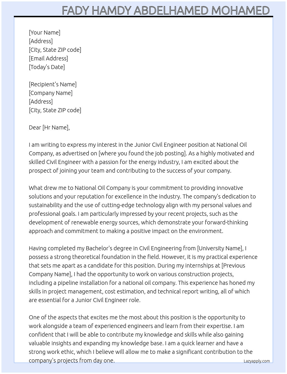 Junior Civil Engineer At National Oil Company Cover Letter