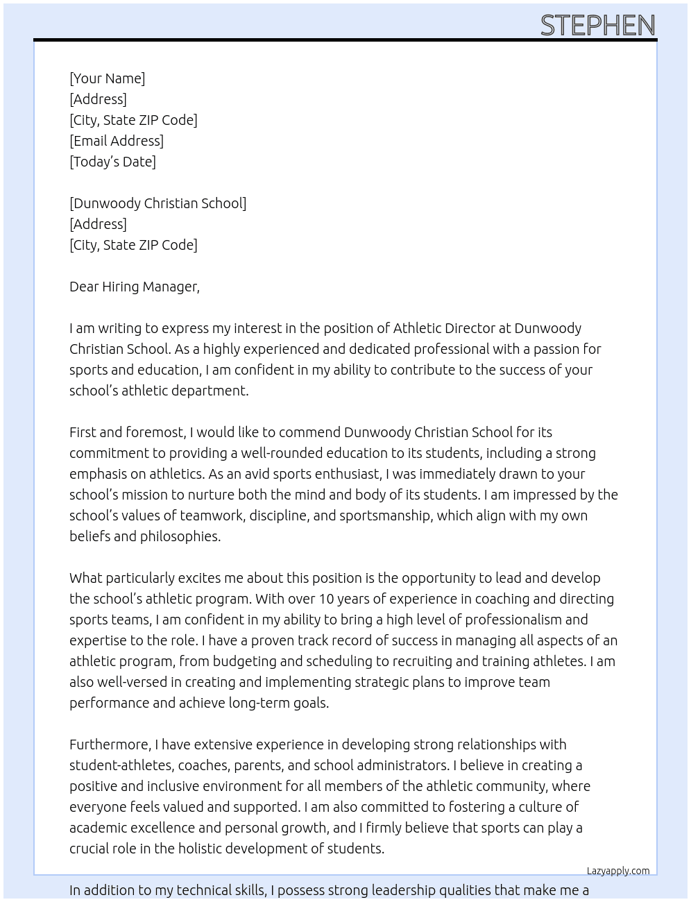 Athletic Director  At Dunwoody Christian School Cover Letter