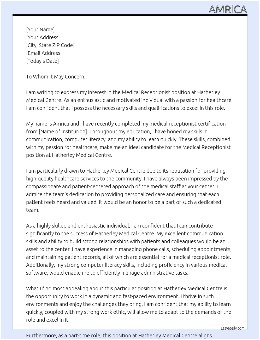 Medical Receptionist At Hatherley Medical Centre Cover Letter