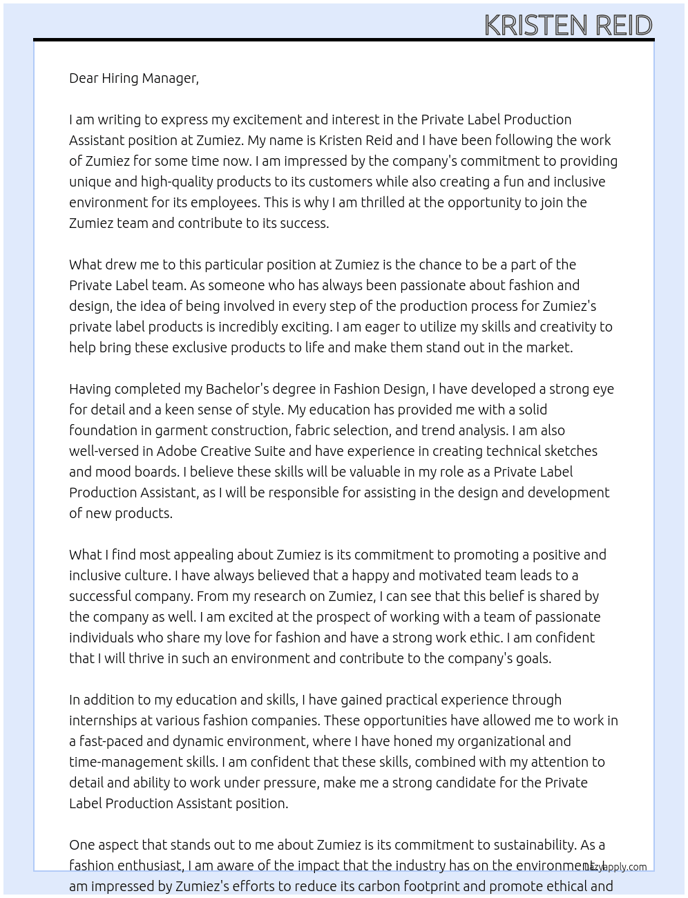 Private Label Production Assistant At Zumiez Cover Letter