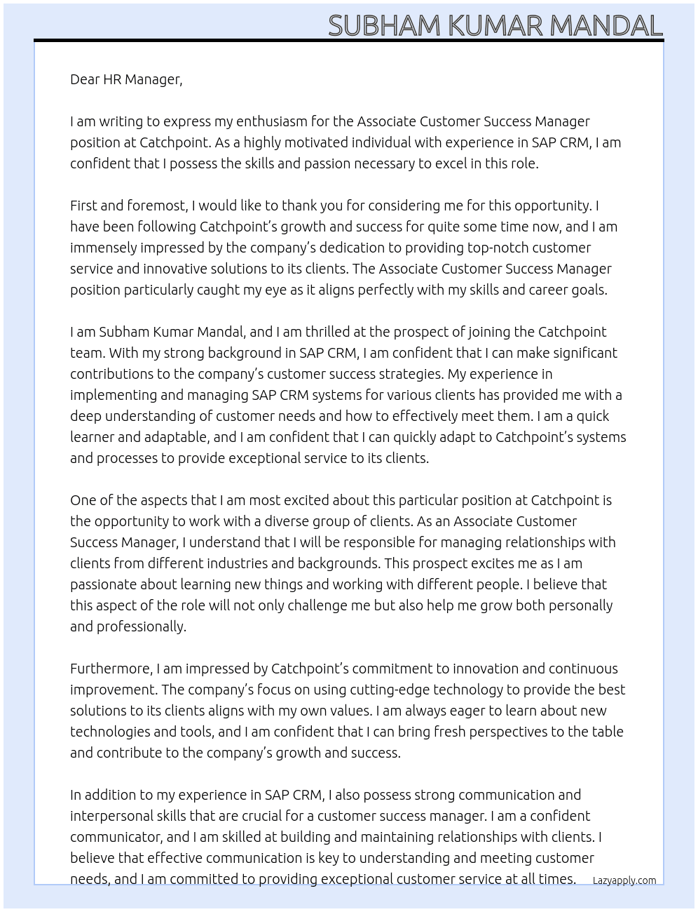 Associate Customer Success Manager At Catchpoint Cover Letter