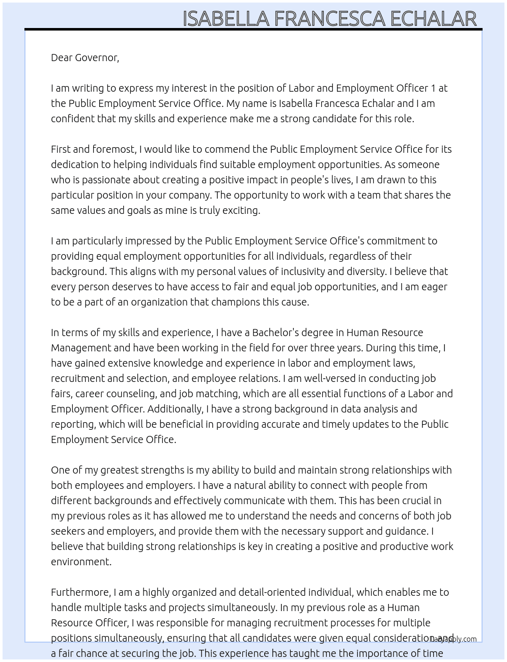 Labor and Employment Officer 1 At Public Employment Service Office  Cover Letter