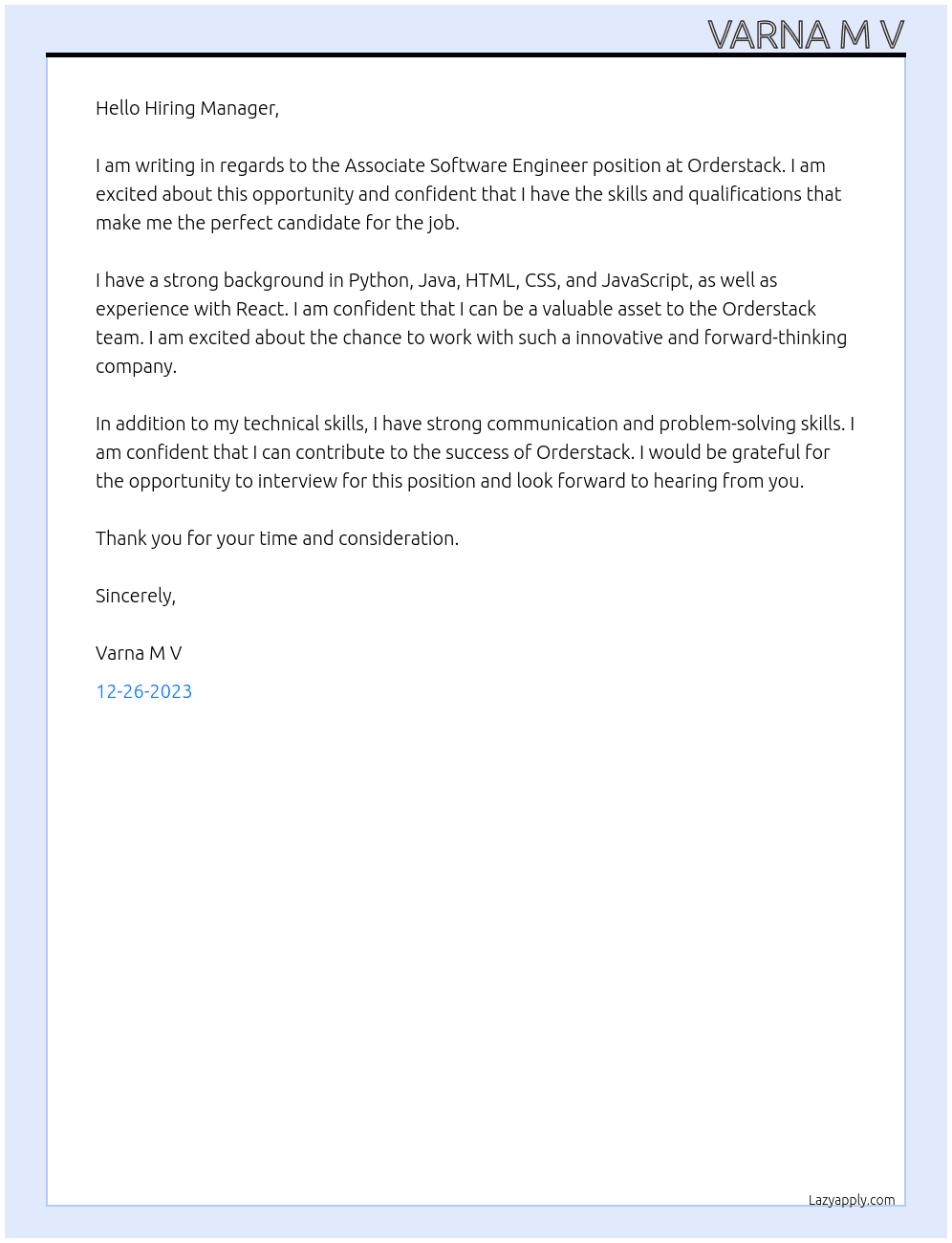 Associate Software Engineer At Orderstack Cover Letter
