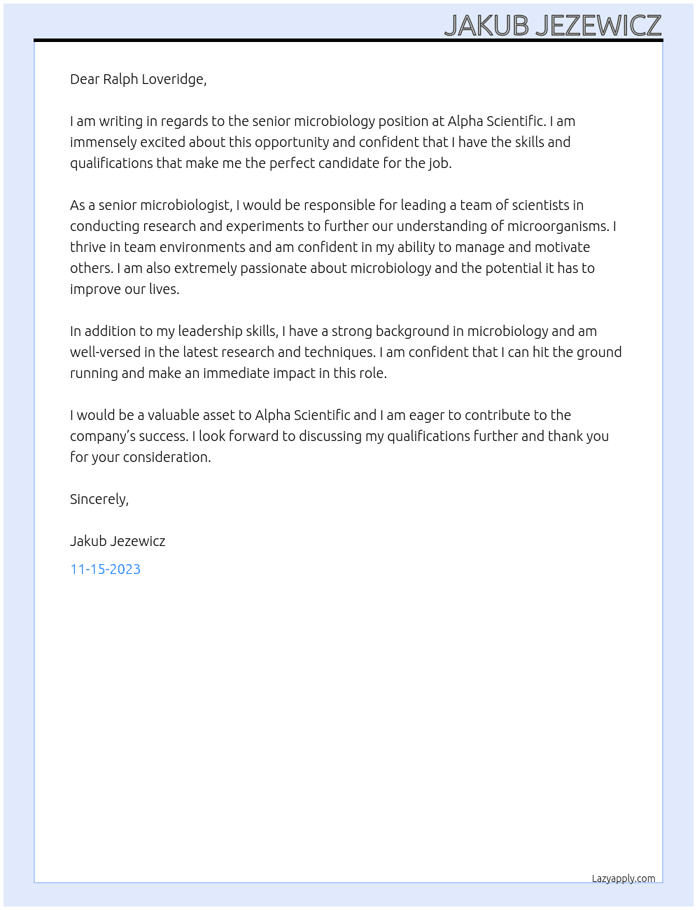 microbiology senior At alpha scientific Cover Letter