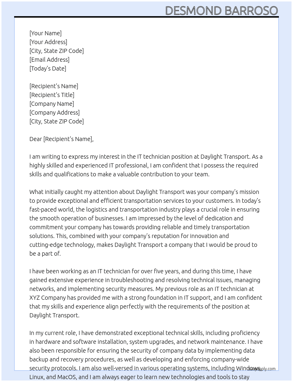IT technician  At Daylight Transport Cover Letter