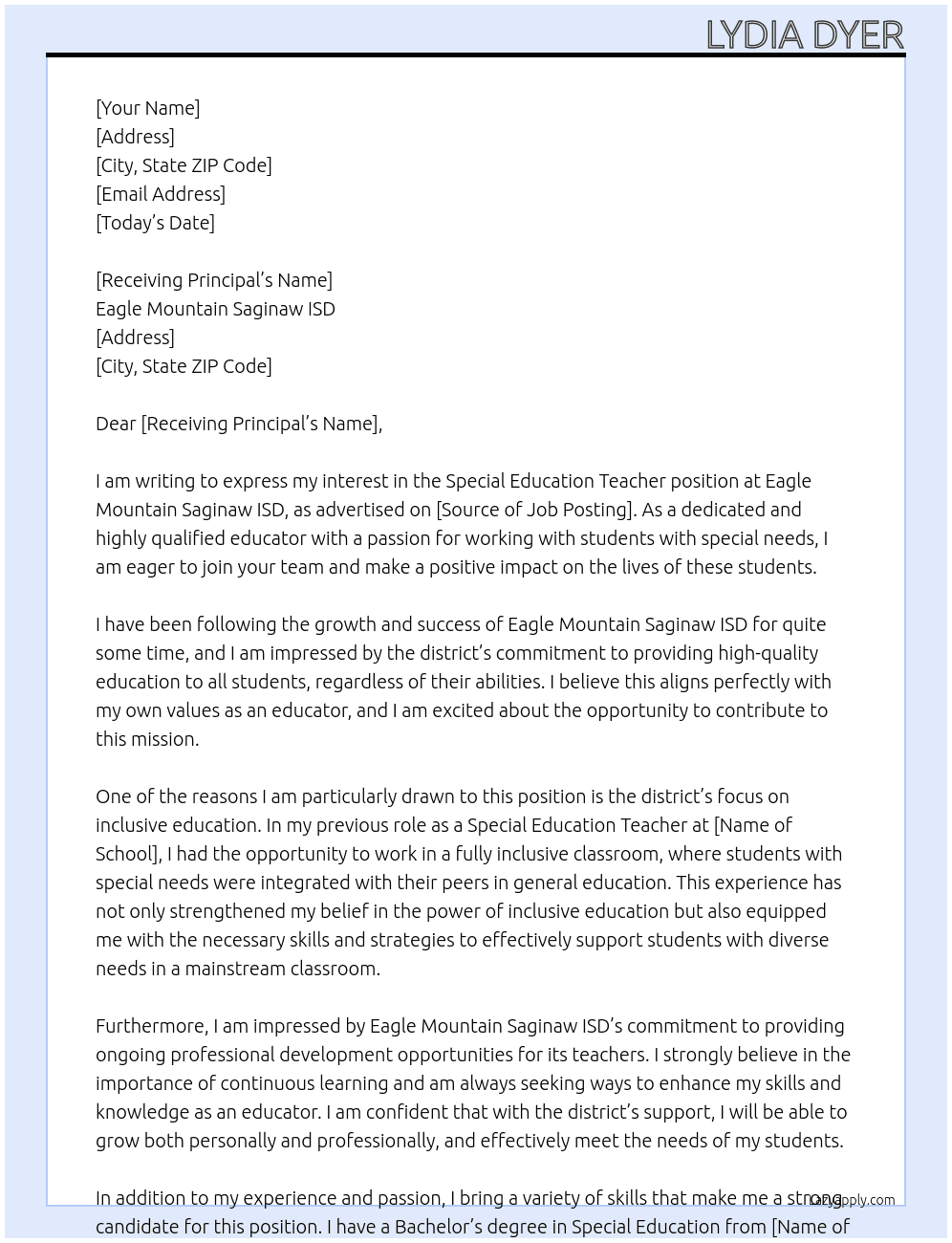 Special Education Teacher At Eagle Mountain Saginaw ISD Cover Letter