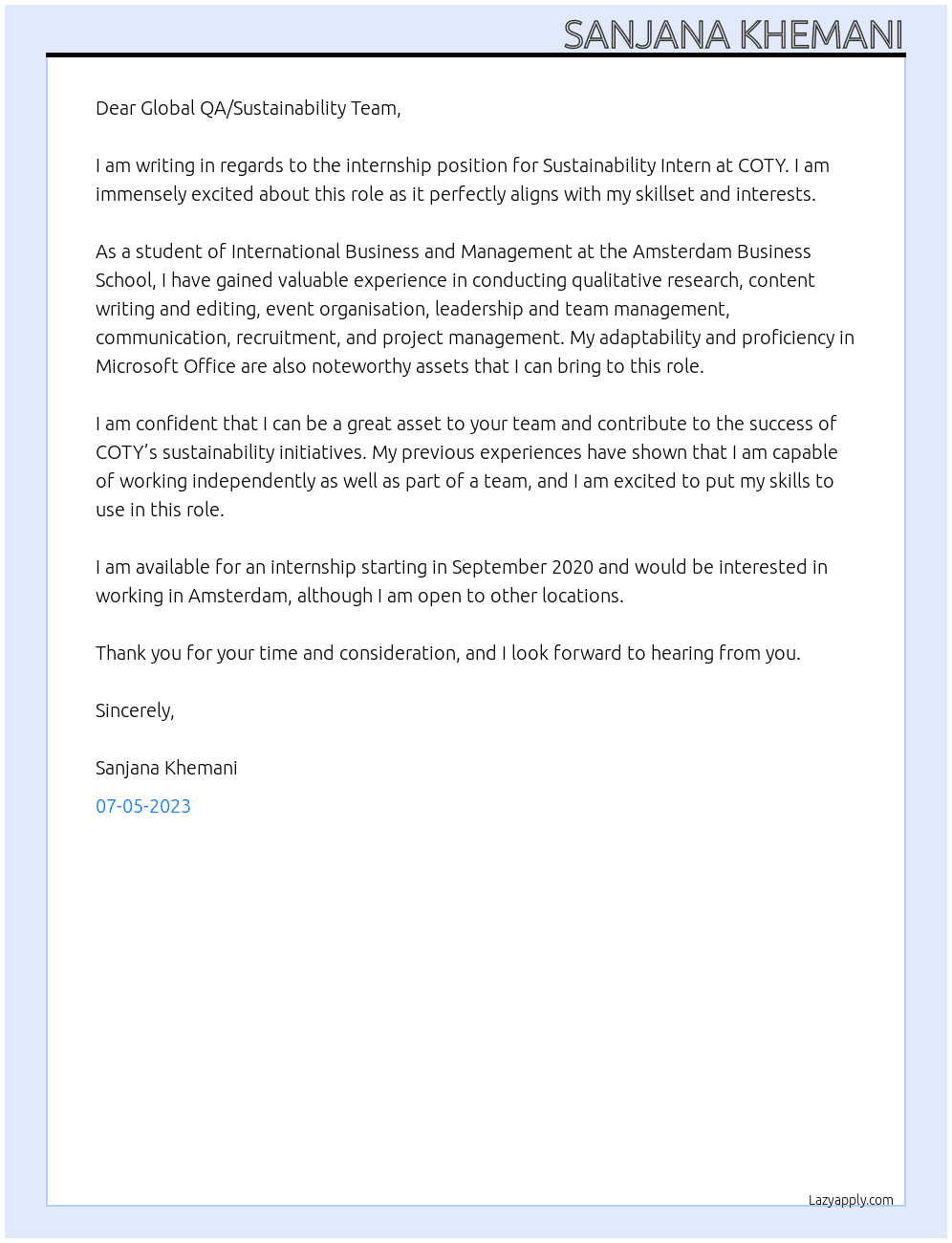 Sustainability Intern At COTY Cover Letter