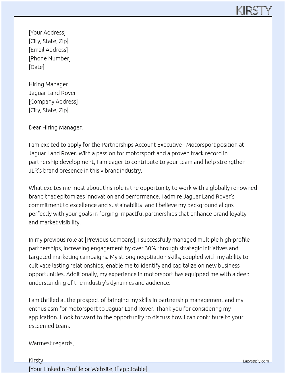 Partnerships Account Executive - Motorsport At Jaguar Land Rover Cover Letter