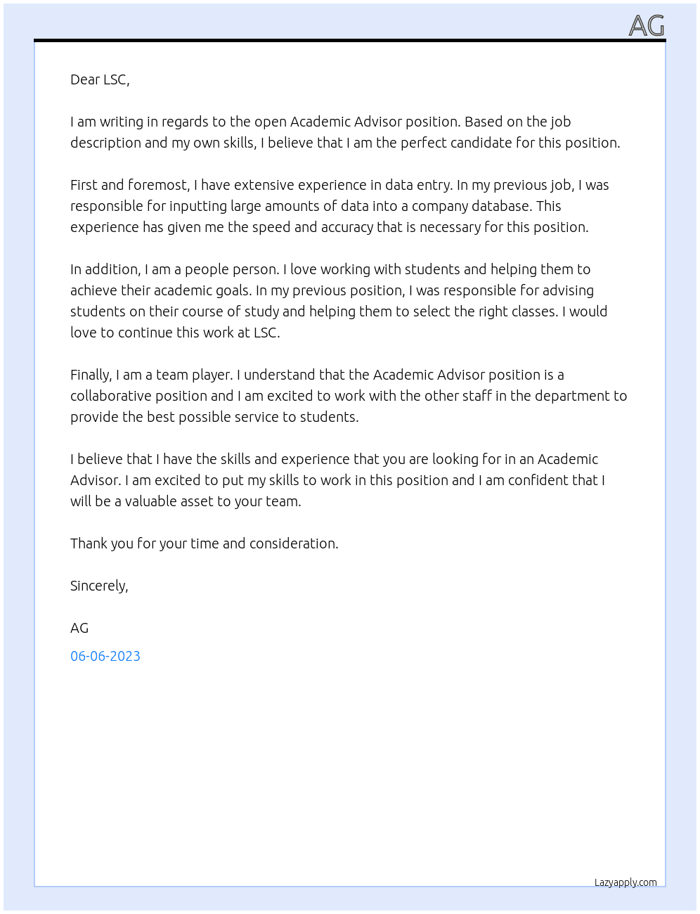 Academic Advisor At LSC Cover Letter