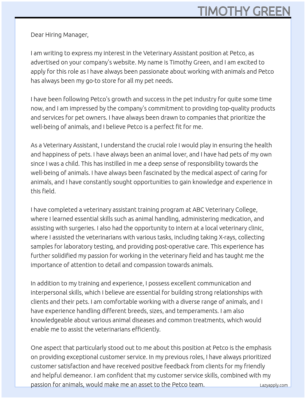 veterinary assistant  At petco Cover Letter