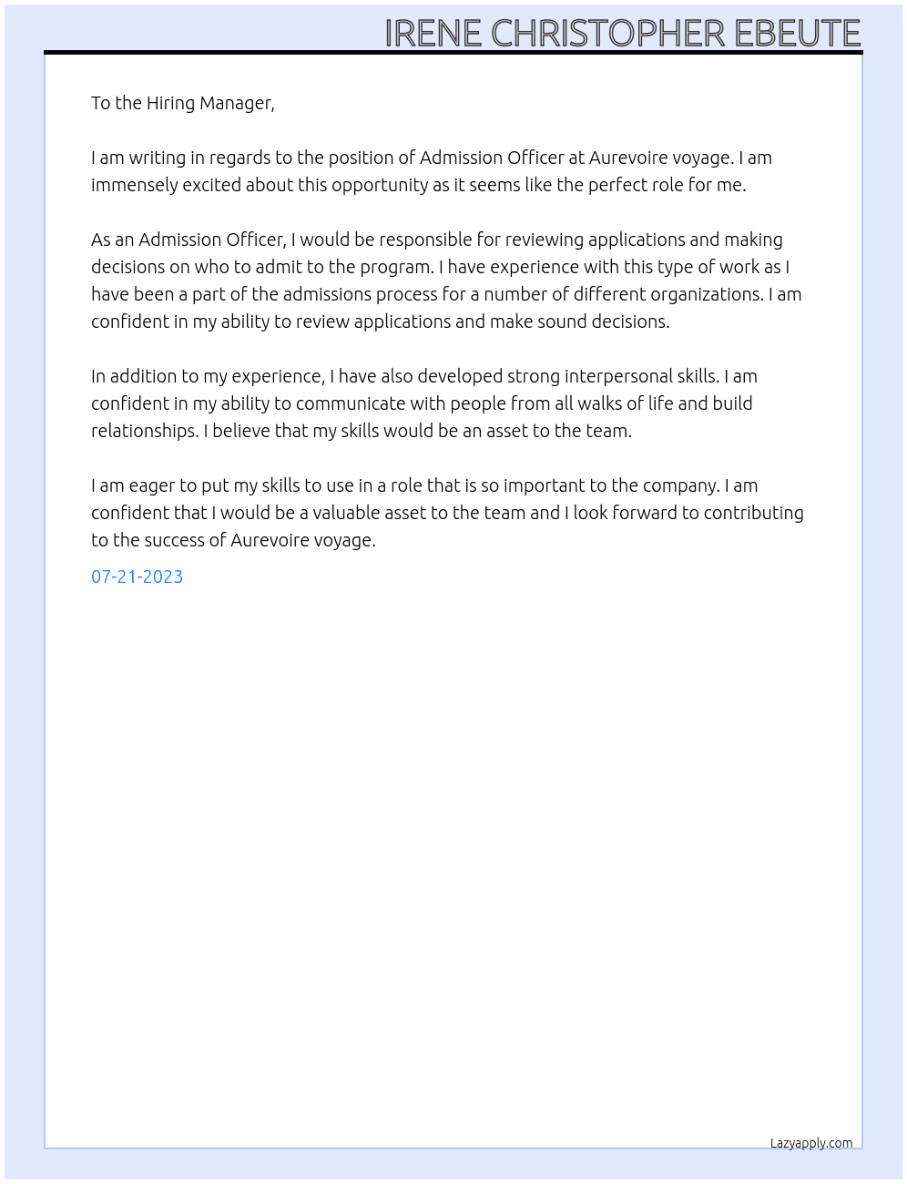 Admission Officer At Aurevoire voyage Cover Letter