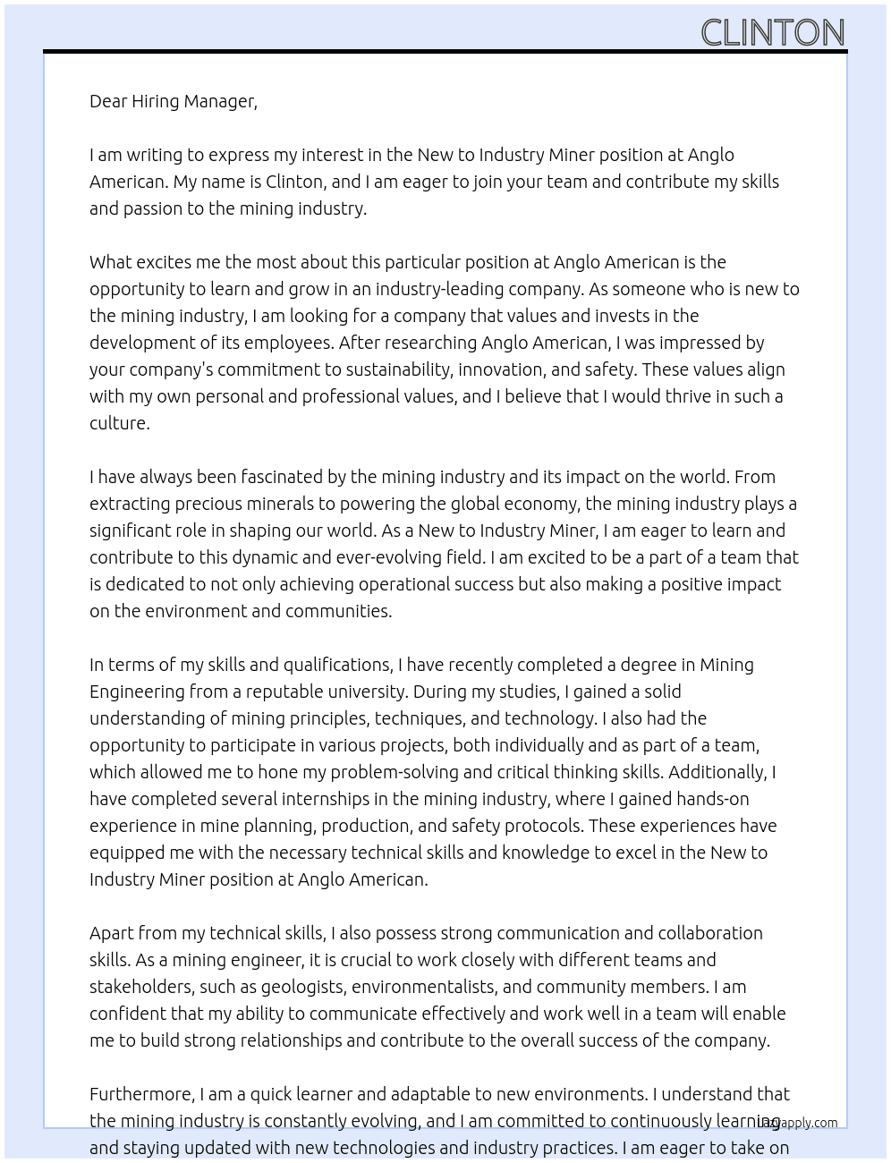 New to Industry Miner At Anlgo American  Cover Letter
