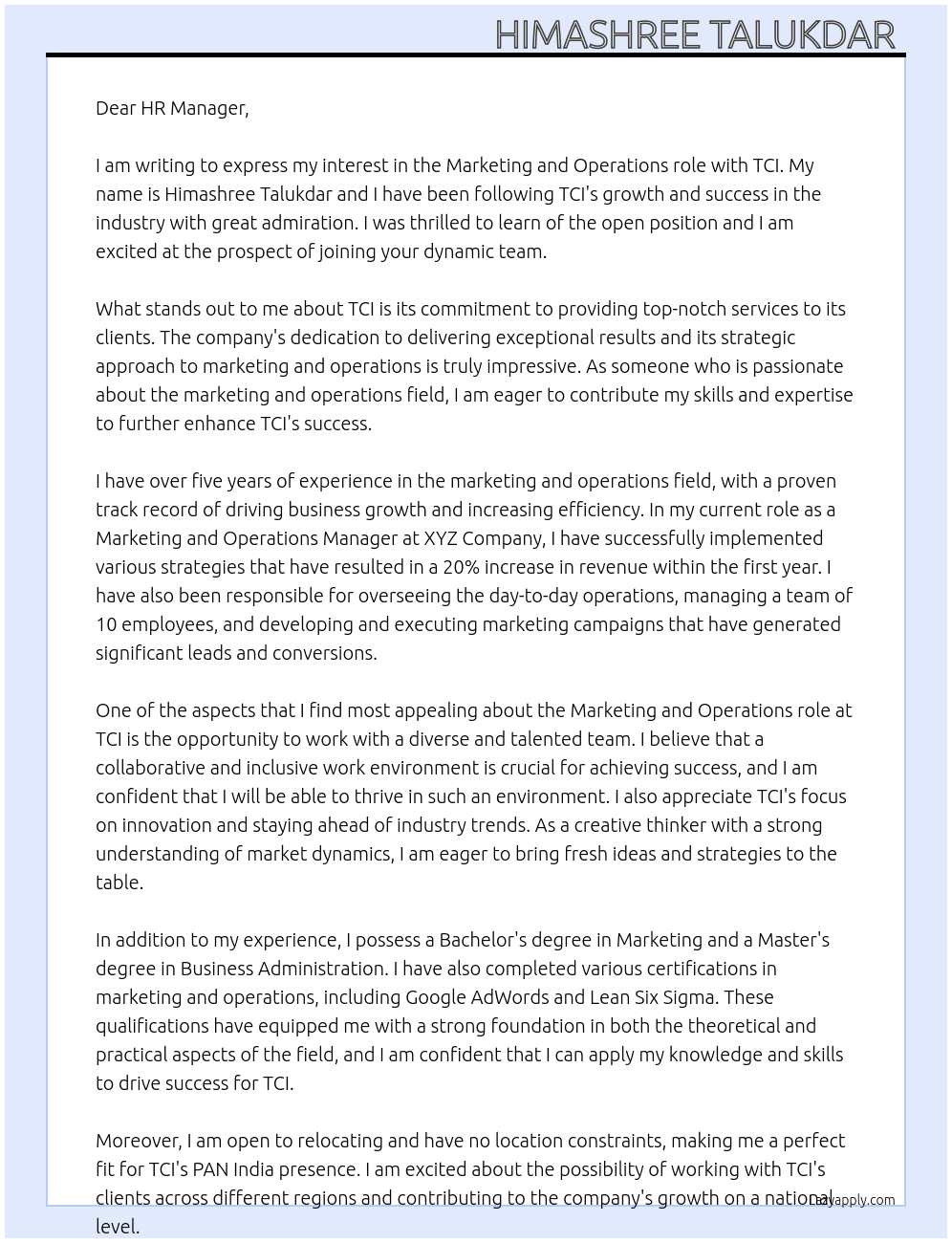 Cover letter for marketing and operations - LazyApply