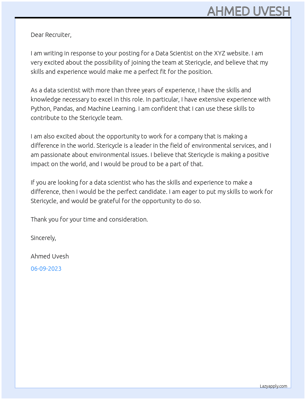 Data Scientist At Stericycle Cover Letter