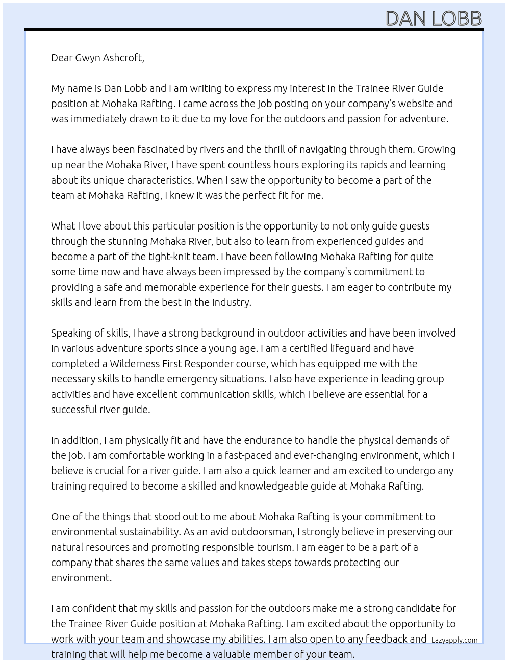 Trainee river guide At Mohaka rafting Cover Letter
