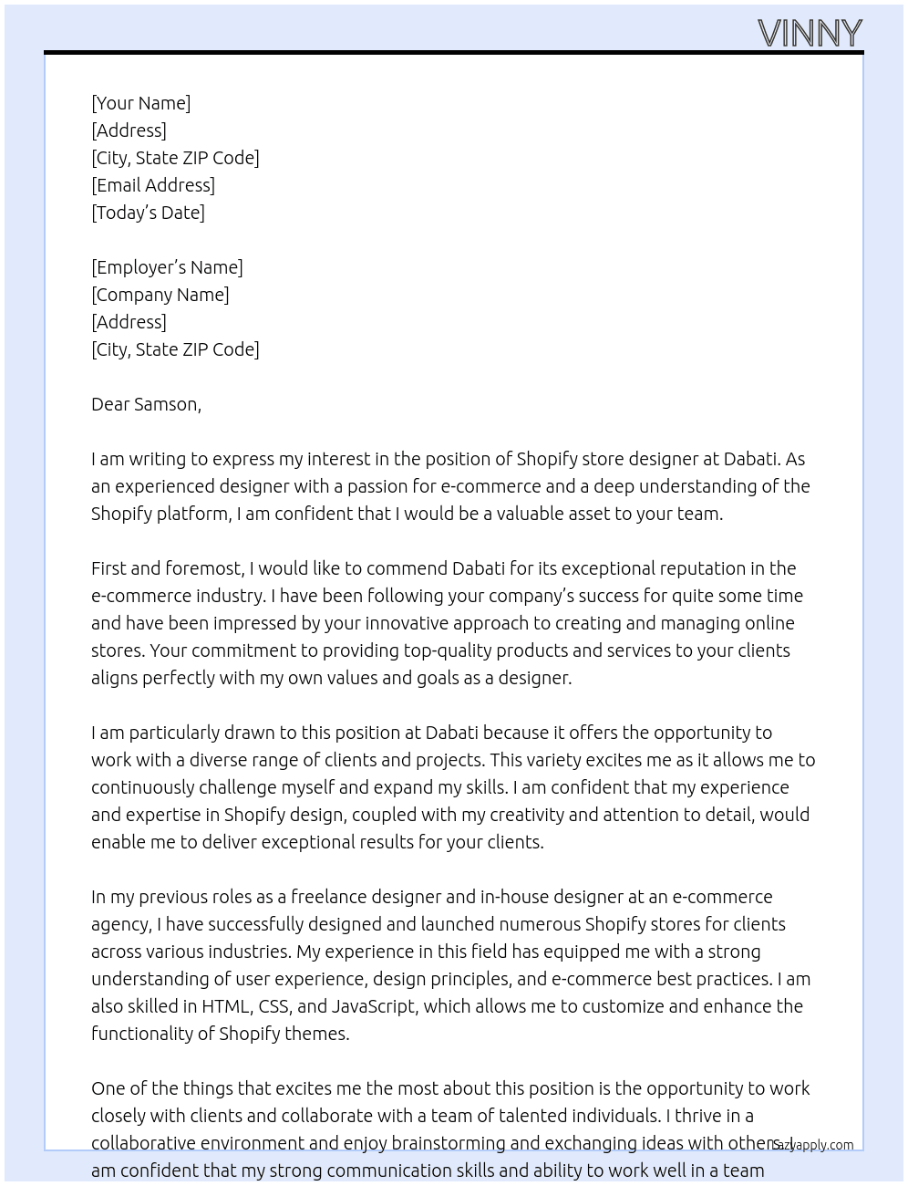 Shopify store designer  At dabati Cover Letter
