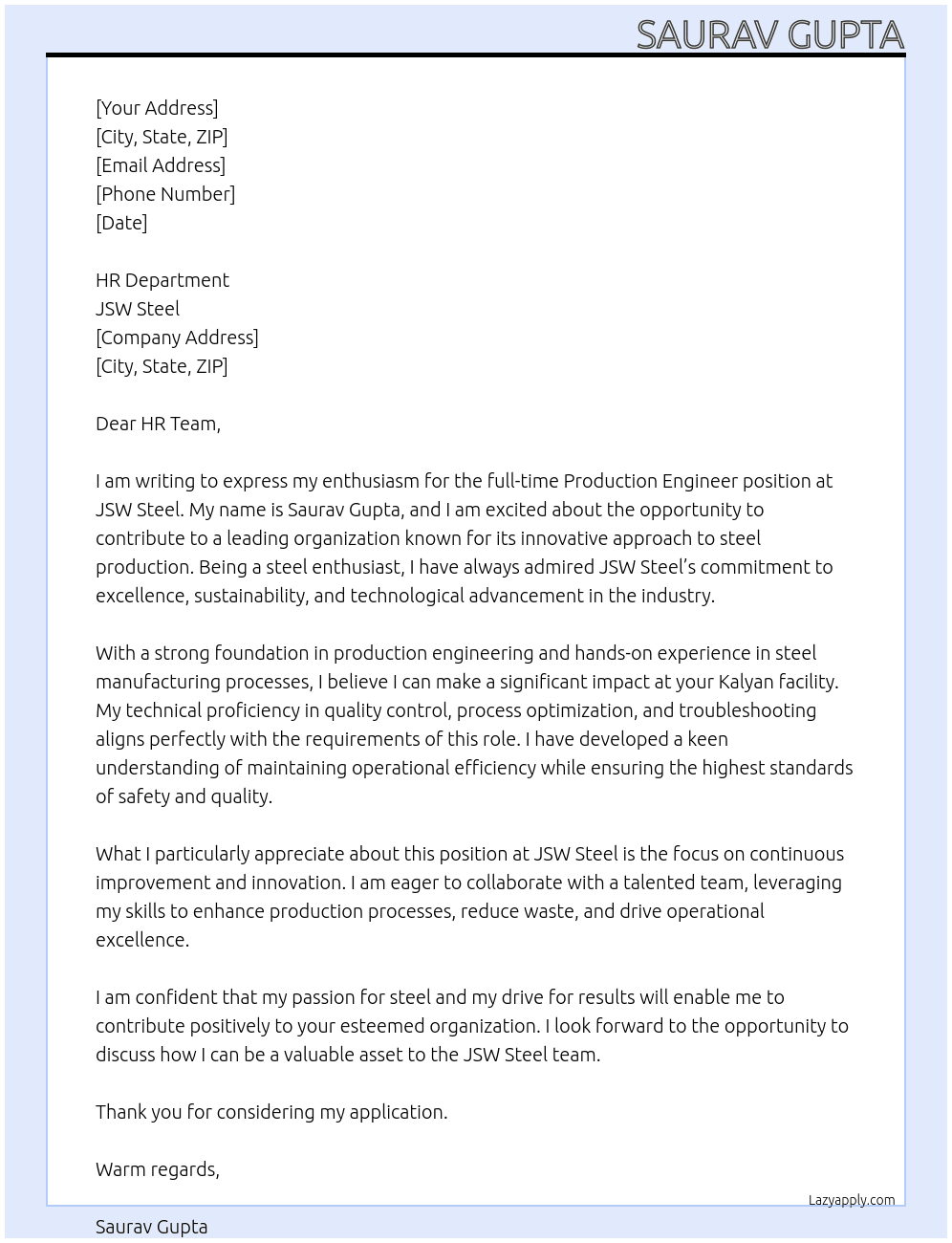 production engering At jsw steel Cover Letter