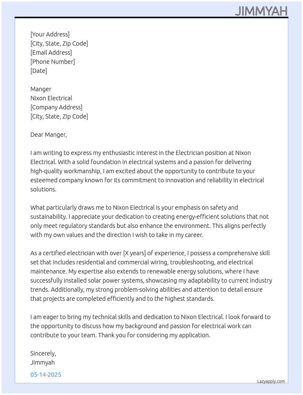 electrician At nixon electrical Cover Letter
