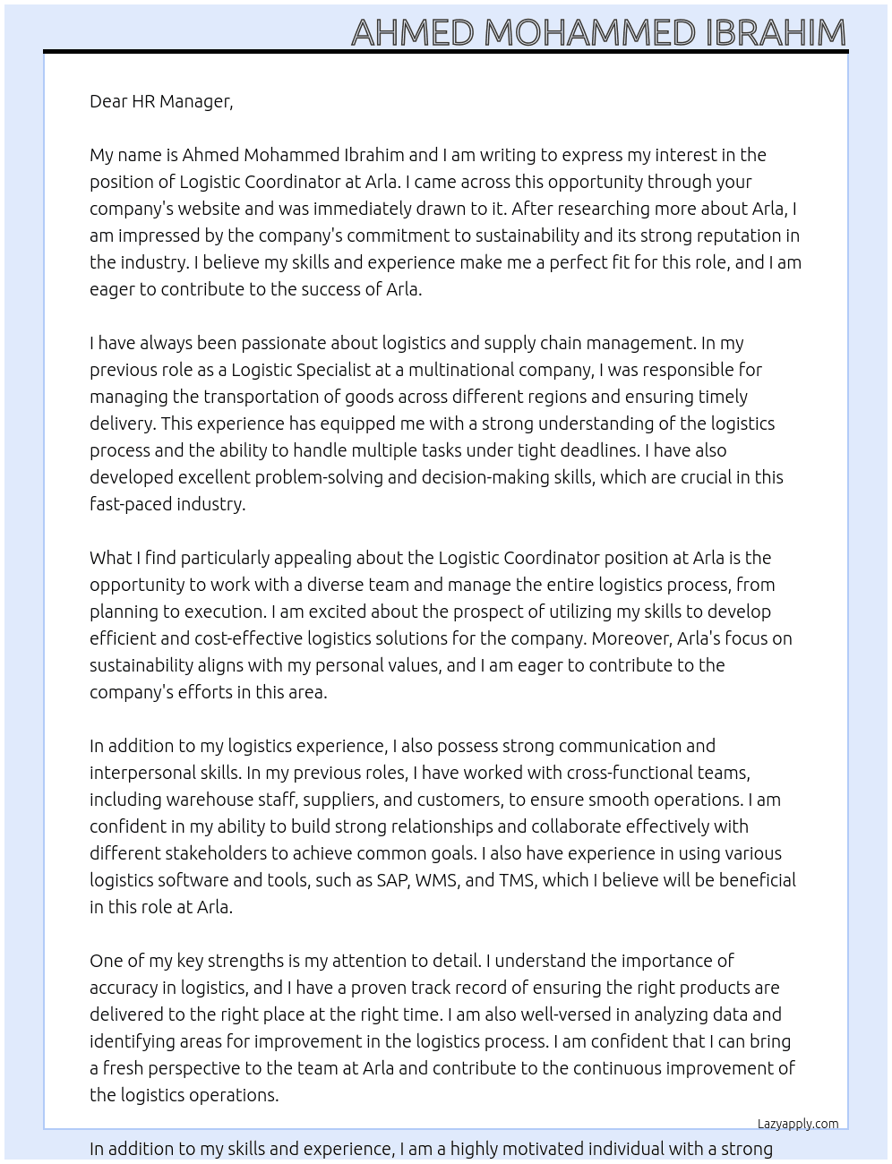 Logistic Coordinator   At Arla Cover Letter