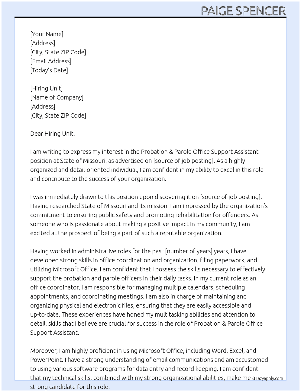 Probation & Parole Office Support Assistant  At State of Missouri  Cover Letter