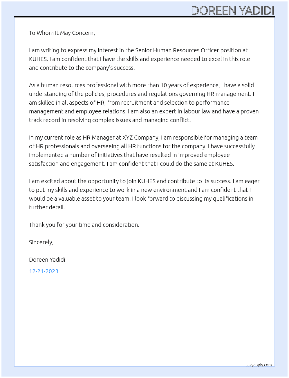 senior human resource officere At kuhes Cover Letter