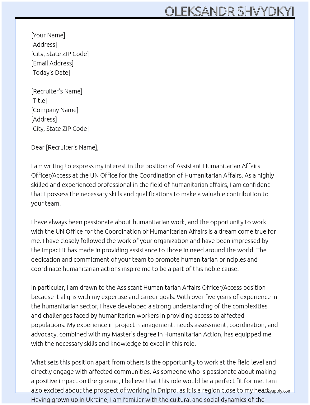 Assistant Humanitarian Affairs Officer/Access At UN Office for the Coordination of Humanitarian Affairs Cover Letter