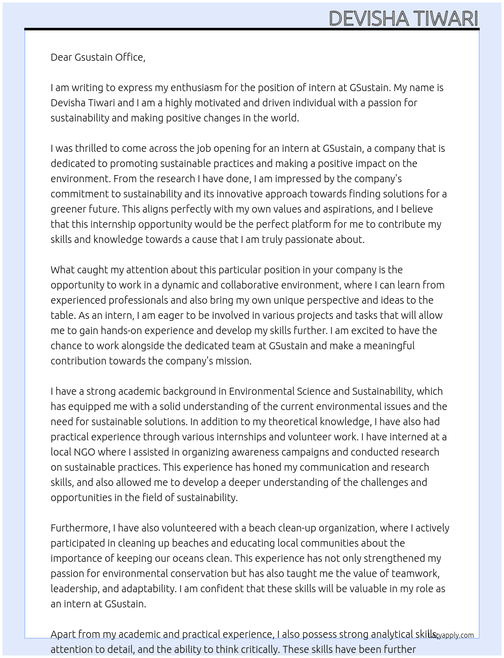 intern At GSustain  Cover Letter