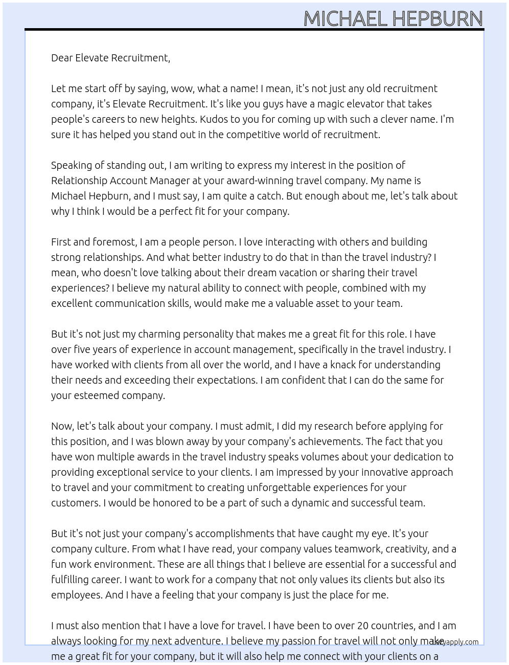 Relationship Account Manager At award winning travel company Cover Letter