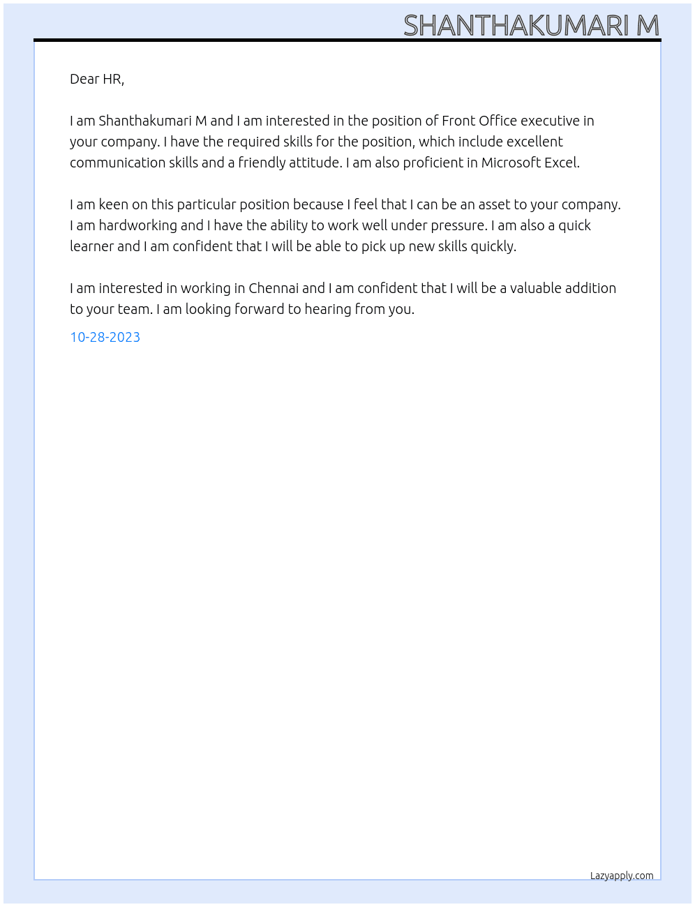 Front Office executive At Suntv Cover Letter