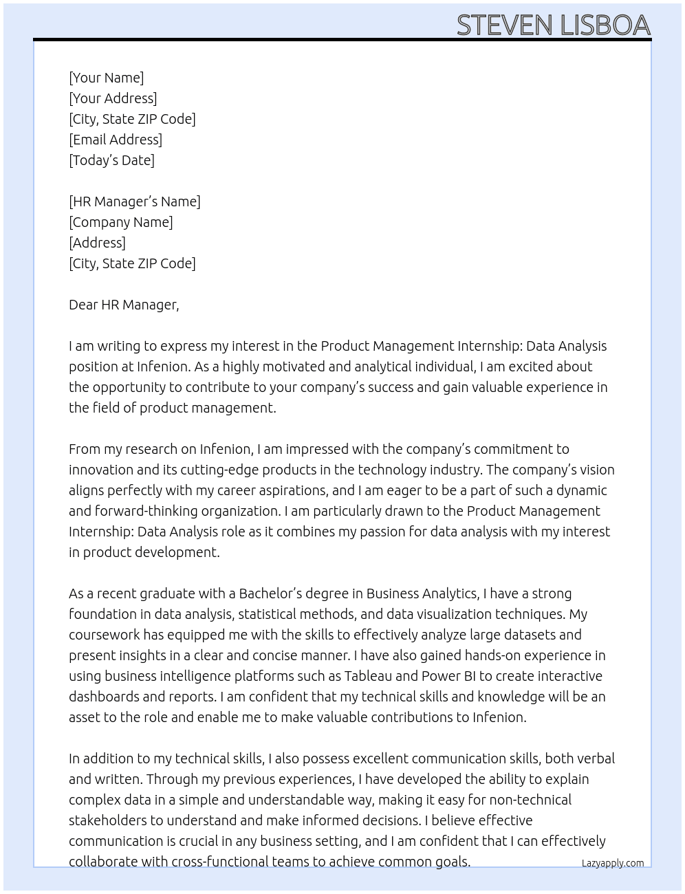 Product Management Internship: Data Analysis At Infenion Cover Letter